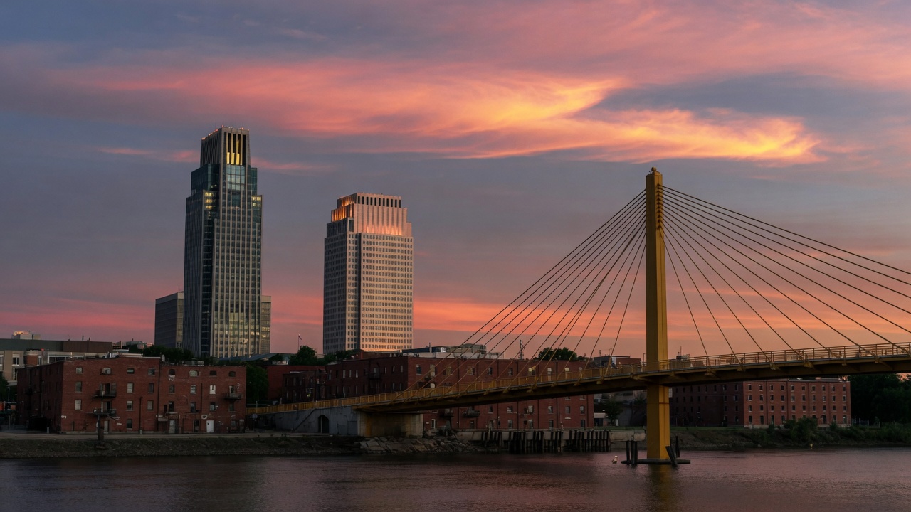 Downtown Omaha skyline and the Bob Kerrey Pedestrian Bridge over the Missouri River