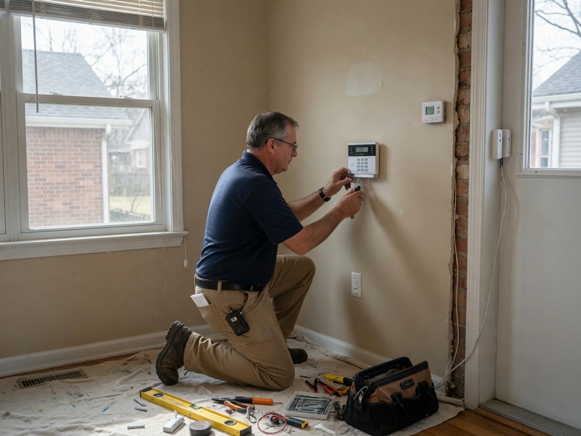 Technician installing a keypad in an Omaha home